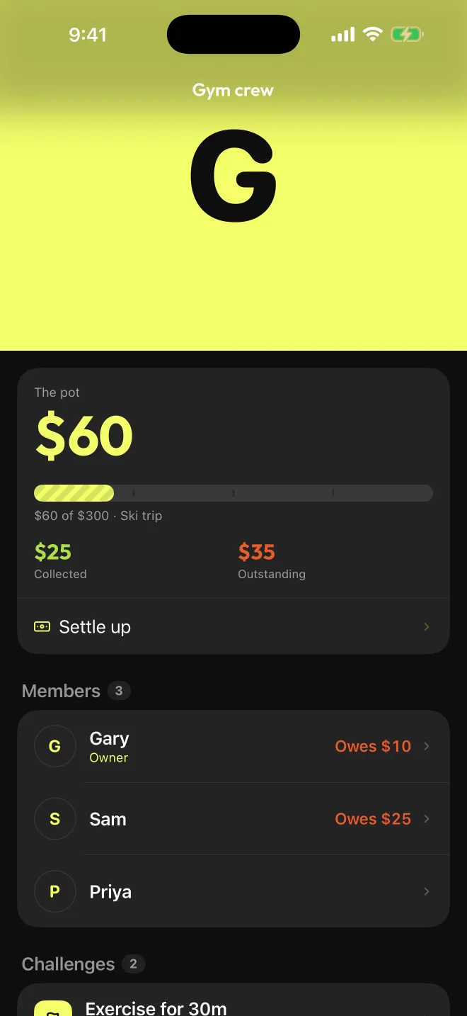 A Packt group page: Gym crew, with $60 in the pot toward a $300 ski trip, and who owes what.